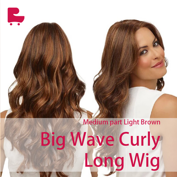 Medium-part Light Brown Big Wave Long Curly Hair Wig Cap