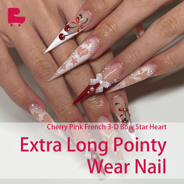 Cherry Pink French 3-D Bow Star Heart Extra Long Pointy Nail Wear Nail