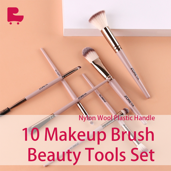 10 Makeup Brush Set Beauty Tools Nylon Wool Plastic Handle Set