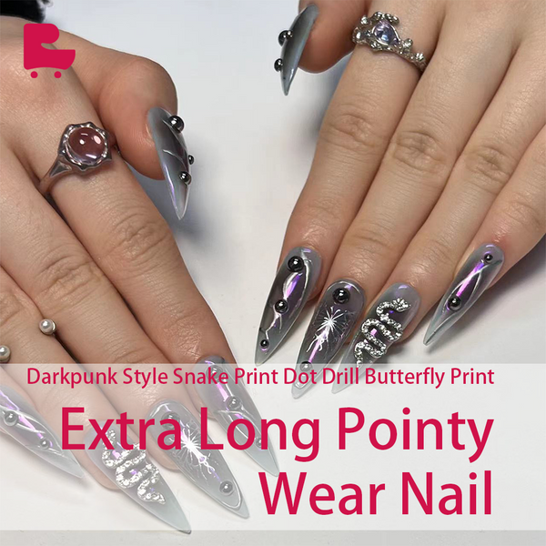Darkpunk Style Snake Print Dot Drill Butterfly Print Extra Long Pointy Wear Nail