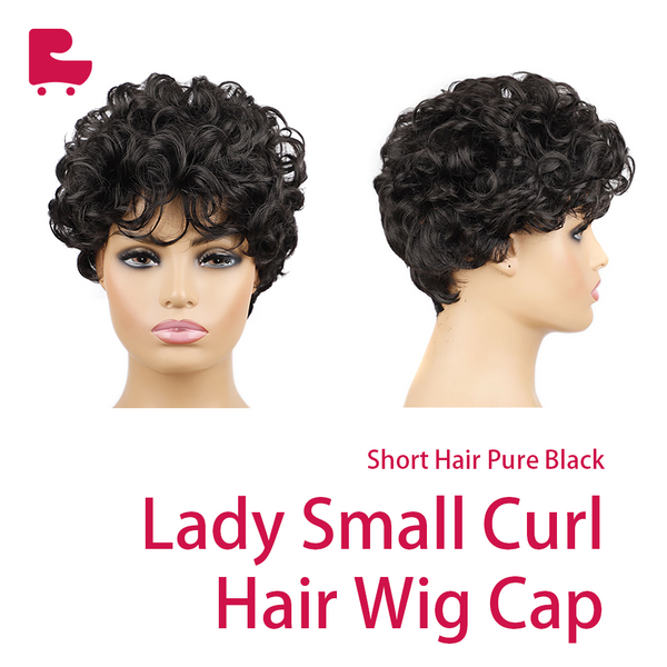 Short Hair Pure Black Lady Small Curl Hair Wig Cap