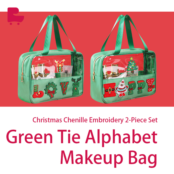 Christmas Chenille Embroidery Green Tie Alphabet Makeup Bag 2-Piece Set