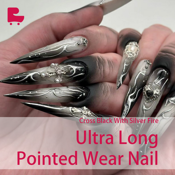 Cross Black With Silver Fire Ultra Long Pointed Wear Nail